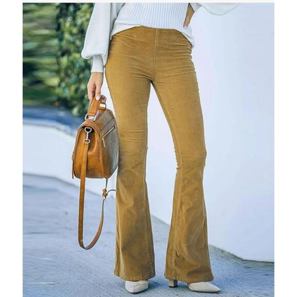 Amazon Pants - 487 Women’s Corduroy Flare Pants Camel Brown High Waist Retro Stretchy Bootcut